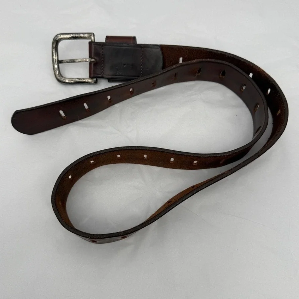 Brown Leather Perforated Belt Distressed Rugged Casual Brown Size 39